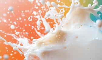 A dynamic splash of milk against a colorful background. photo
