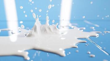 A splash of milk on a blue surface, capturing dynamic motion. photo
