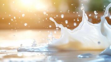 A close-up of milk splashing on a surface, capturing dynamic motion. photo