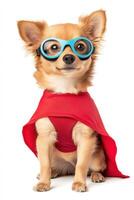 Comical superhero dog in a vibrant red cape and playful goggles striking a dramatic pose for fun and entertainment photo
