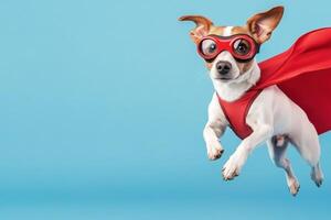 Comical superhero dog in a red cape and goggles striking an action pose in a playful setting photo