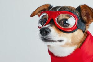 Comical superhero dog wearing a red cape and goggles strikes a playful pose with enthusiasm and charm in a lighthearted setting photo