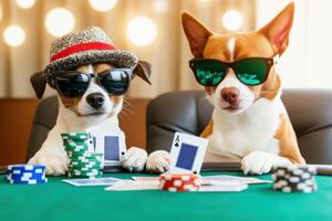 Dog and cat enjoy poker night at a table dressed in sunglasses and hats for a playful game of cards photo