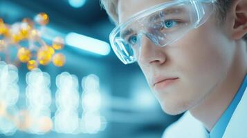 Scientist in futuristic laboratory uses augmented reality to analyze 3D pharmacokinetics molecular model for innovative research and discovery photo