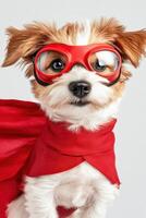 Comical superhero dog in a shiny red cape and playful goggles striking a dramatic pose against a neutral backdrop photo