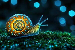 Snail crawling over a mossy surface with dew droplets glistening in turquoise hues during a serene dusk photo