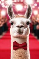 Llama donning tuxedo and bow tie poses confidently on red carpet in front of cheering crowd and dazzling spotlights photo