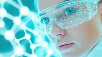 Scientist analyzes 3D pharmacokinetics molecular model using augmented reality glasses in a futuristic laboratory setting photo