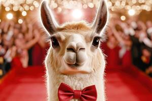 Llama in tuxedo and bow tie poses proudly on red carpet during a glamorous awards event photo