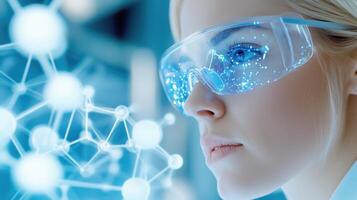 Scientist analyzes 3D molecular model using augmented reality technology in a high-tech laboratory setting photo
