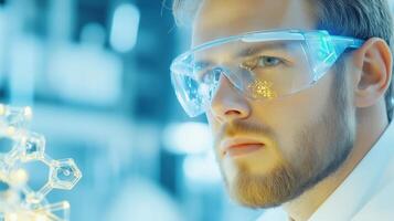 Scientist analyzes 3D pharmacokinetics model using augmented reality glasses in a futuristic laboratory setting photo