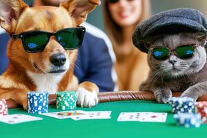 Dog and cat enjoying a playful poker night at a card table while wearing stylish sunglasses and hats for a lighthearted gathering photo