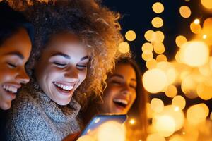 Group of diverse friends sharing laughter while enjoying a funny meme on a smartphone in a lively atmosphere photo