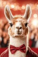 Llama in tuxedo and bow tie poses on red carpet while crowd cheers at a glamorous event photo