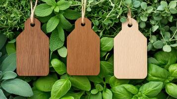 Wild herb garden showcasing lush green leaves, rustic wooden labels, and vibrant turquoise water droplets for a refreshing nature experience photo