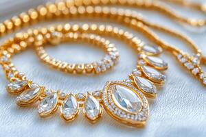 Luxurious flat lay of sparkling golden jewelry arranged elegantly on soft velvet fabric for a sophisticated display photo