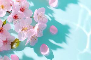 Cherry blossom petals gracefully fall onto a mint green surface adorned with soft pink accents, creating a serene and calming atmosphere photo