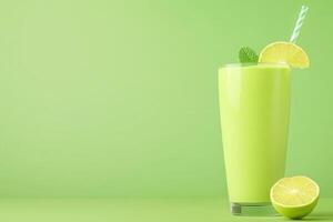 Refreshing lime green smoothie served in a tall glass with mint and a creamy straw on a light green backdrop photo