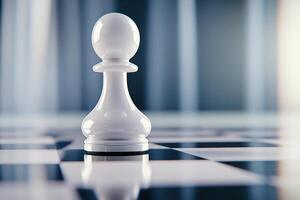 Close-up of a white pawn moving on a minimalistic chessboard with dramatic lighting and shallow depth of field during an intense game photo