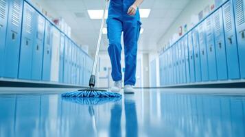 Janitorial staff member mops hallway in school setting with precision and care during a bright day photo