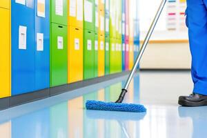 Janitorial staff member mops school hallway floor with precision while surrounded by colorful lockers and bulletin boards photo