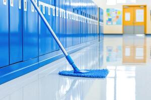 Janitorial staff member mopping a clean school hallway with bright lockers and bulletin boards in the background photo