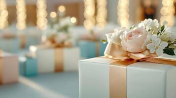 Luxury gift boxes elegantly wrapped in gold and ivory with silk ribbons and fresh flowers on display at an elegant event setting photo