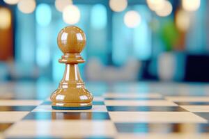 Close-up of a pawn move on a minimalistic chessboard with dramatic lighting and shallow depth of field showcasing strategy and precision in a game setting photo