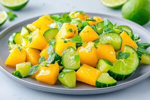 Fresh green salad with lime and olive-colored vegetables topped with creamy dressing on a gray plate in a bright setting photo