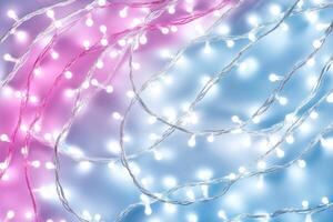 Decorative glowing pastel fairy lights in mint, pink, and white colors create an enchanting atmosphere in a soft abstract spiral arrangement photo