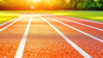 Running track illuminated by golden sunrise capturing a motion blur of a single runner in dynamic movement photo