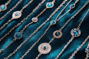 Flat lay display of luxury golden necklaces and rings on soft velvet surface showcasing exquisite craftsmanship and elegance photo