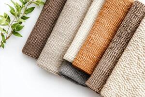 Handwoven textiles arranged in muted colors with natural fiber accents showcasing craftsmanship and texture in a flat lay setup photo