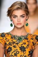 Bold golden-green dress showcased on runway with intricate design details and elegant emerald jewelry during fashion event photo