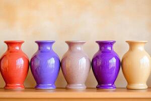 Ceramic vases in red, violet-gray, and beige elegantly displayed on a wooden surface with soft shadows in muted lighting photo