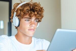 Young man engages in a virtual call on a tablet while sitting at a modern desk with natural daylight illuminating the space photo