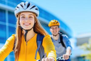 Young couple enjoys a sunny bicycle ride through a university campus in the afternoon photo