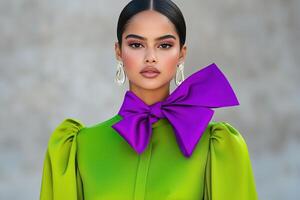 Model showcases elegant fashion in olive green dress with purple scarf and beige heels against a muted backdrop during a photoshoot photo
