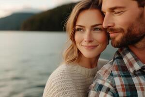Mature couple embraces near serene lake during sunset, showcasing love and warmth in a minimalistic setting photo