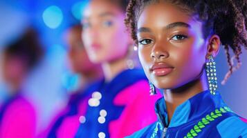 futurista Moda pista espectáculo presentando modelos en vibrante azul y rosado trajes iluminado por profundo azul Encendiendo foto