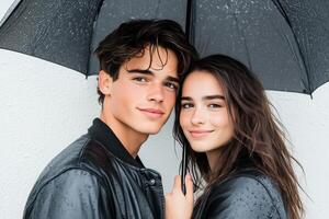Young couple stands close under umbrella, embracing the rain with smiles in a minimalistic setting photo