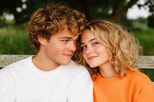 Young couple enjoying an intimate moment on a park bench during soft morning light while sharing secrets and smiles photo