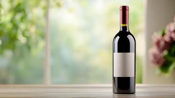 Luxurious wine bottle with minimalist design on a wooden table with gray linen and natural light photo