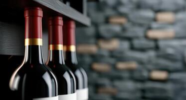 Sophisticated wine cellar featuring neatly arranged red wine bottles on dark wooden shelves against a stone backdrop photo