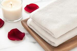 Relaxing atmosphere with luxury spa essentials featuring soft towels, calming candlelight, and maroon flower petals for a serene experience photo