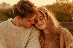 Young couple enjoys a tender moment on a park bench during soft morning light, sharing a whisper and laughter in a serene outdoor setting photo