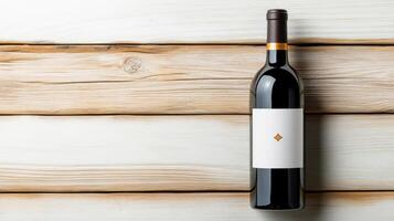 Luxurious dark burgundy wine bottle on a wooden table with light gray linen, exuding elegance and refinement for any sophisticated occasion photo