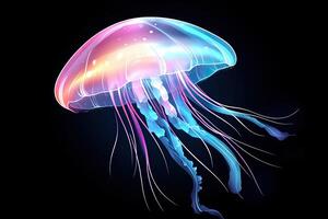 Translucent jellyfish glows in pink and blue gradients, softly illuminated in deep ocean water with light rays piercing through the darkness photo