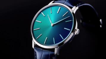 Sleek wristwatch with gradient aqua and navy dial set against a minimalist black background showcasing modern elegance in timekeeping photo