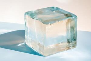 Presenting a smooth ice block with transparent textures and cool blue and white lighting, creating a serene and refreshing aesthetic experience for all photo